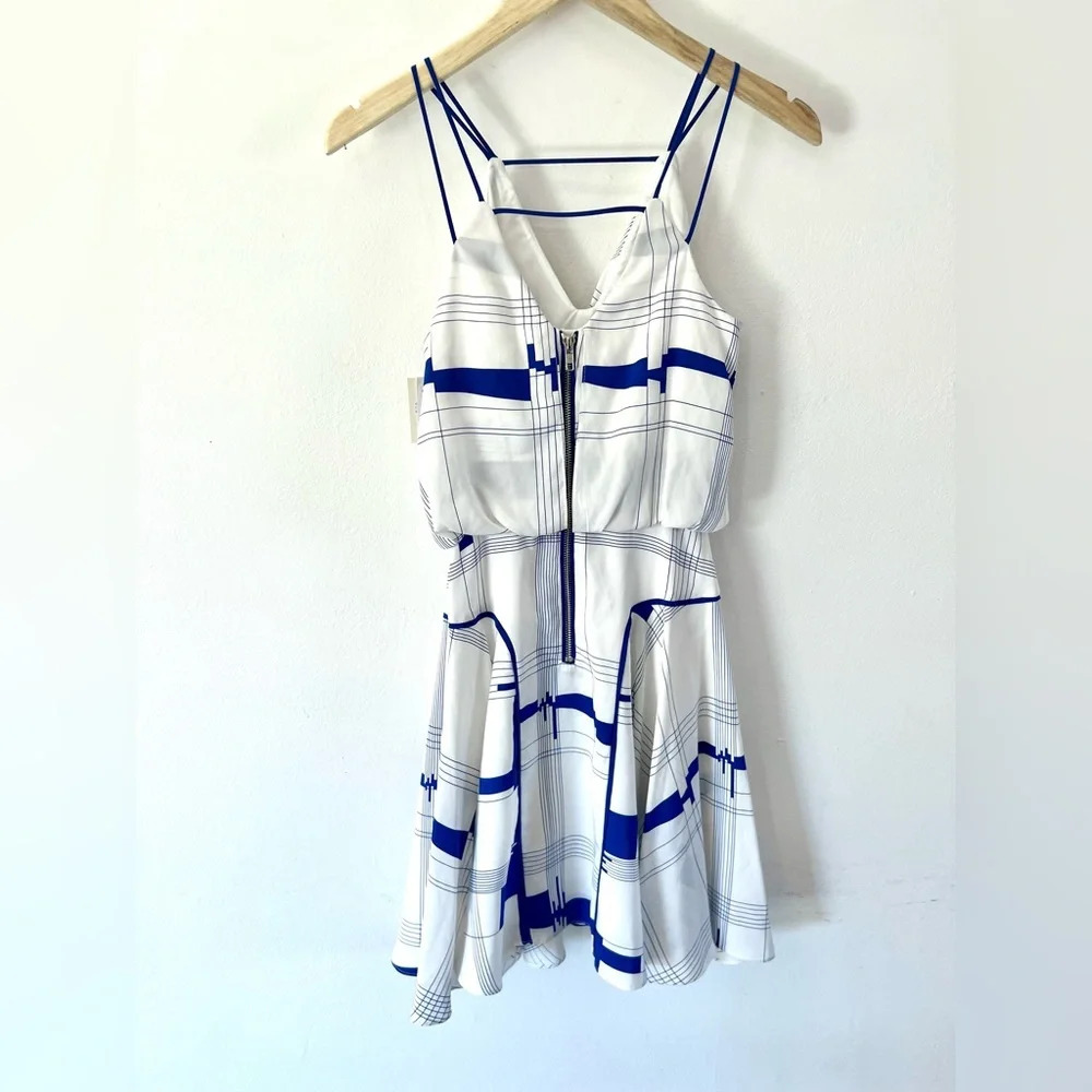 Milly New York Cityscape Print White & Lapis Blue Sleeveless Silk Dress Size 0